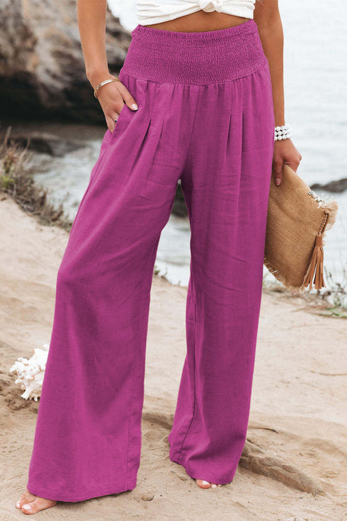 Smocked Wide Waistband High Waist Wide Leg Pants